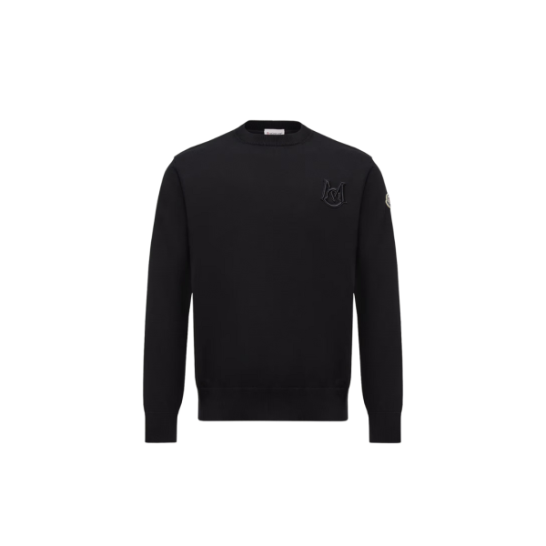 Pull col rond MONCLER coton noir broderie monogramme