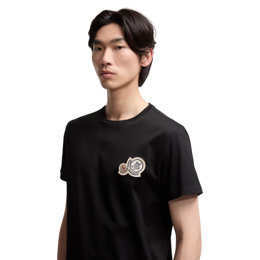 T-shirt col rond MONCLER coton noir empiècement double logo