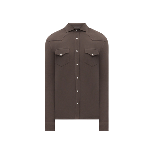 Chemise BRUNELLO CUCINELLI bouton pression coton marron chocolat poche plaquée