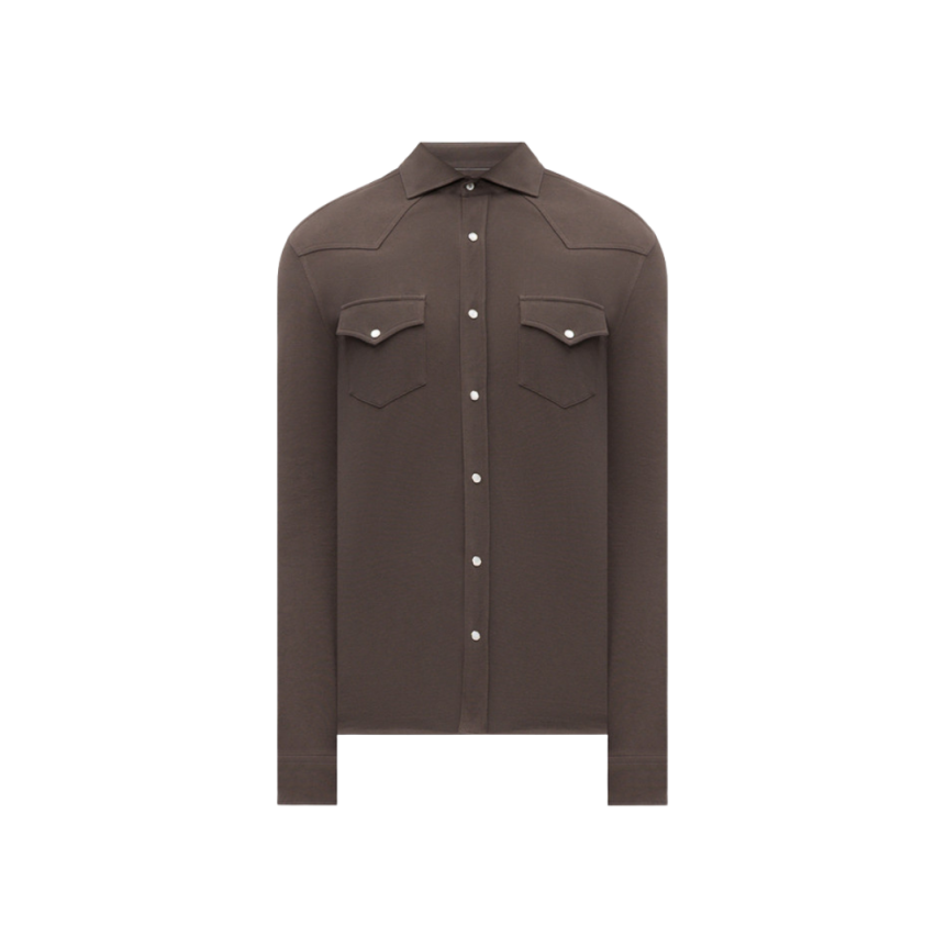 Chemise BRUNELLO CUCINELLI bouton pression coton marron chocolat poche plaquée