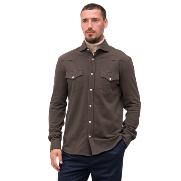 Chemise BRUNELLO CUCINELLI bouton pression coton marron chocolat poche plaquée