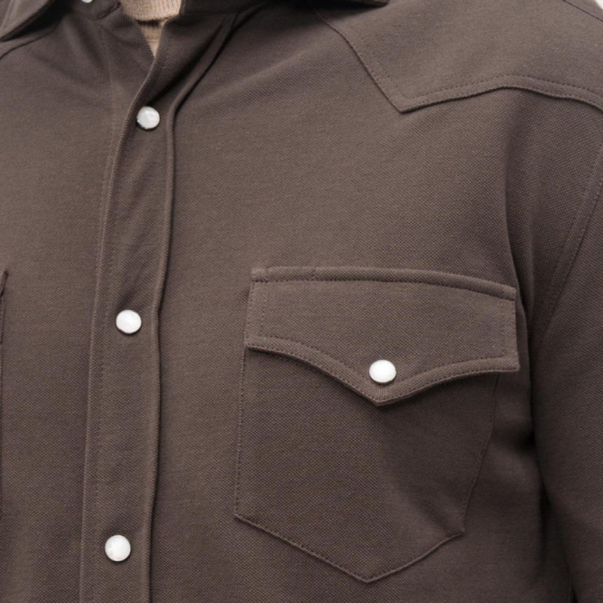 Chemise BRUNELLO CUCINELLI bouton pression coton marron chocolat poche plaquée