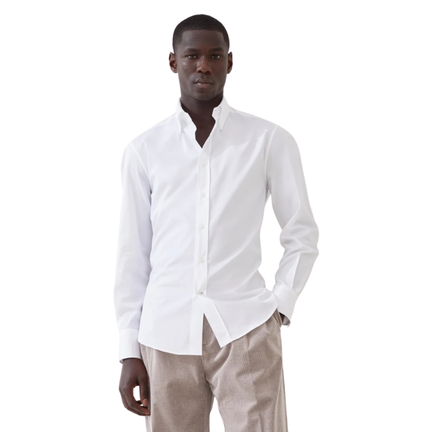 Chemise coupe slim BRUNELLO CUCINELLI sergé coton blanc col boutonné