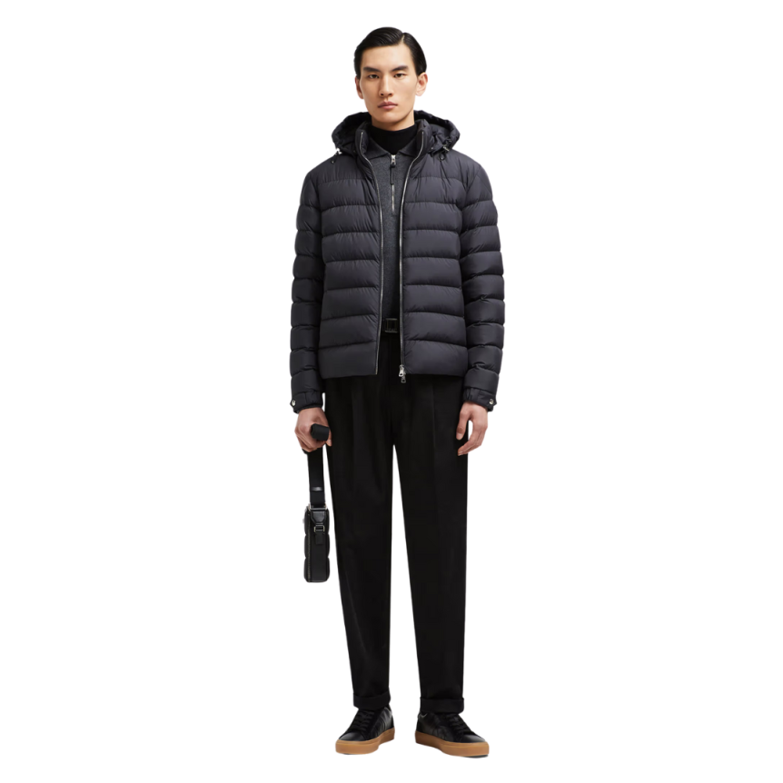 Doudoune courte à capuche MONCLER Arneb nylon noir logo cuir