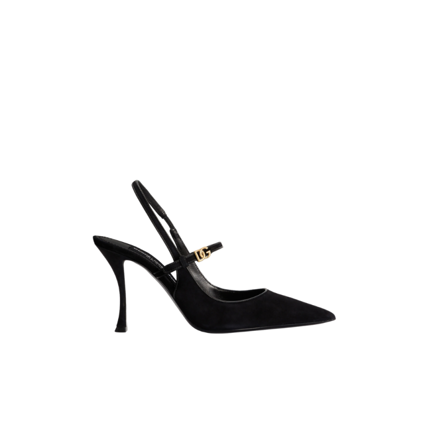 Escarpins à bride arrière DOLCE & GABBANA daim cuir nappa noir logo DG doré