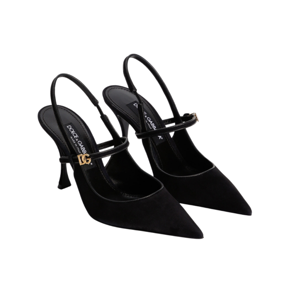 Escarpins à bride arrière DOLCE & GABBANA daim cuir nappa noir logo DG doré