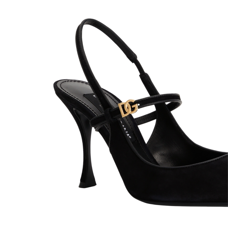 Escarpins à bride arrière DOLCE & GABBANA daim cuir nappa noir logo DG doré