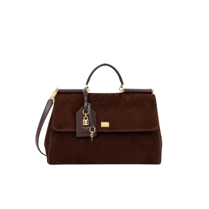 Sac à main DOLCE & GABBANA Sicily daim marron foncé porte clés doré bandoulière