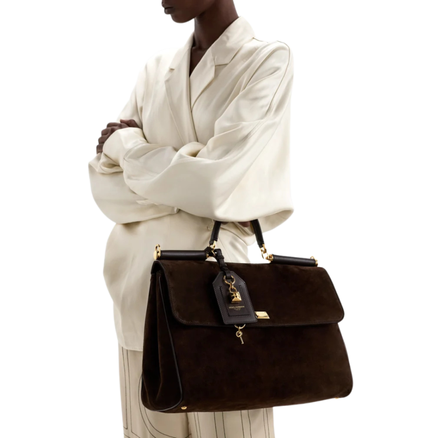 Sac à main DOLCE & GABBANA Sicily daim marron foncé porte clés doré bandoulière