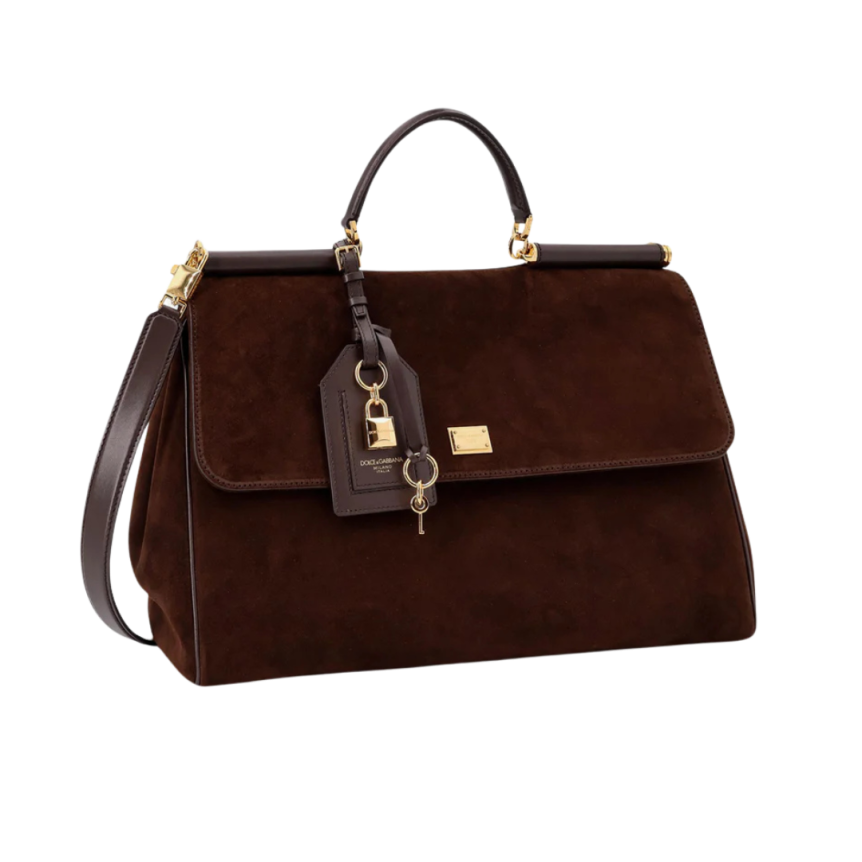 Sac à main DOLCE & GABBANA Sicily daim marron foncé porte clés doré bandoulière