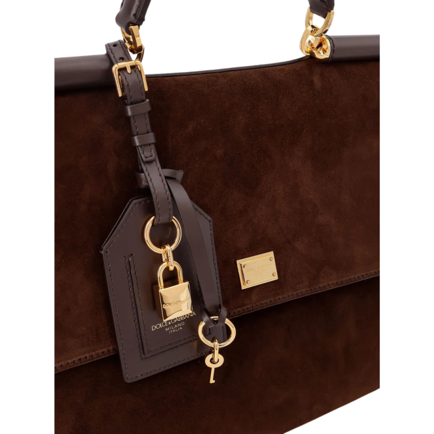 Sac à main DOLCE & GABBANA Sicily daim marron foncé porte clés doré bandoulière