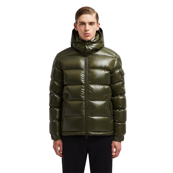 Doudoune courte à capuche MONCLER Maya nylon laqué vert olive