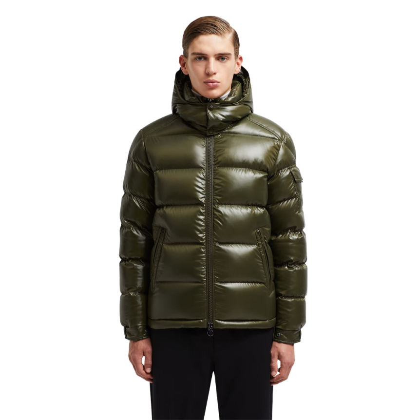 Doudoune courte à capuche MONCLER Maya nylon laqué vert olive