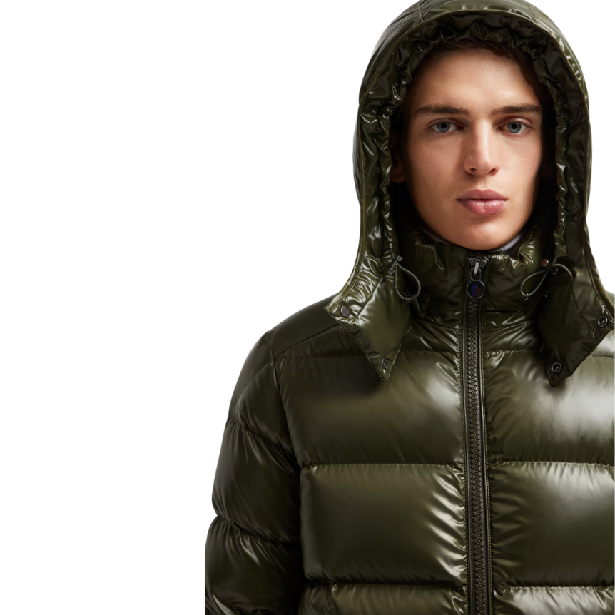 Doudoune courte à capuche MONCLER Maya nylon laqué vert olive