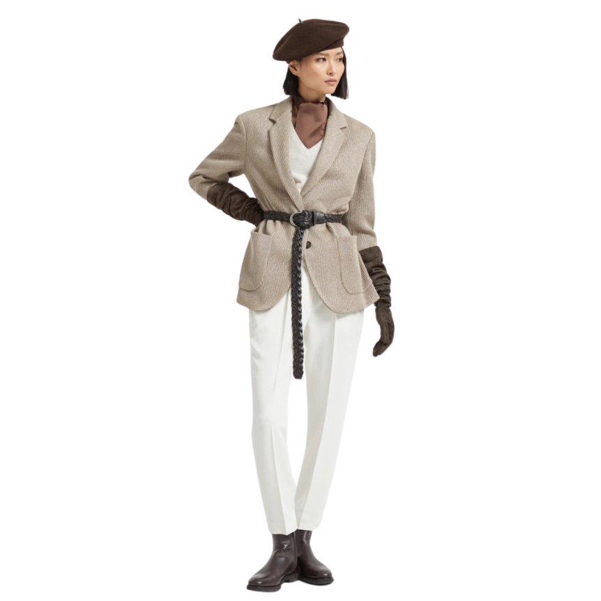 Veste droite BRUNELLO CUCINELLI maille coton viscose brillant beige poche plaquée Monille