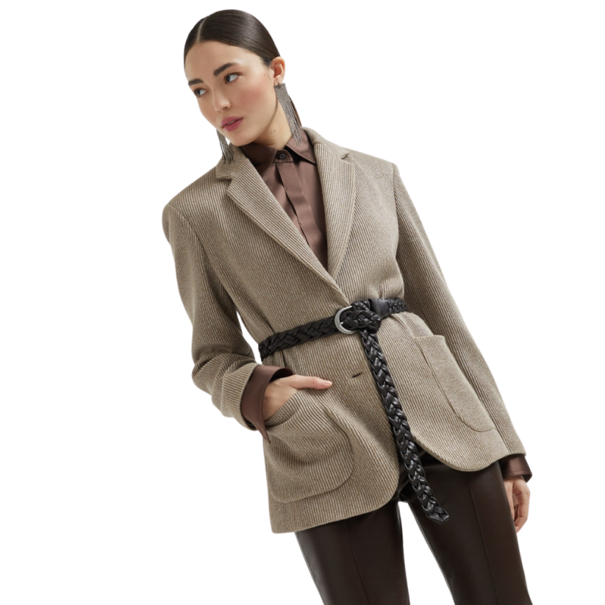 Veste droite BRUNELLO CUCINELLI maille coton viscose brillant beige poche plaquée Monille