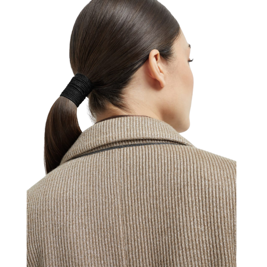 Veste droite BRUNELLO CUCINELLI maille coton viscose brillant beige poche plaquée Monille
