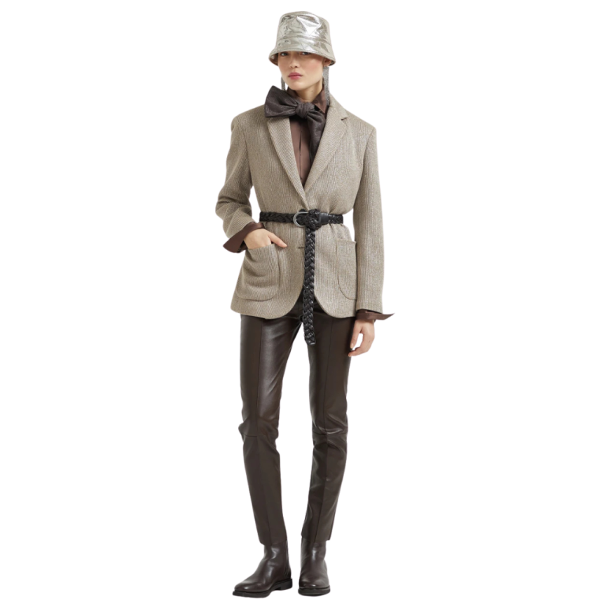 Veste droite BRUNELLO CUCINELLI maille coton viscose brillant beige poche plaquée Monille