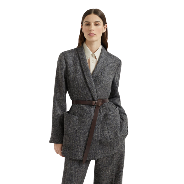 Veste à chevrons BRUNELLO CUCINELLI tweed laine vierge gris bleu ceinture cuir Monile