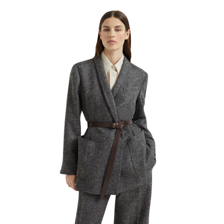 Veste à chevrons BRUNELLO CUCINELLI tweed laine vierge gris bleu ceinture cuir Monile