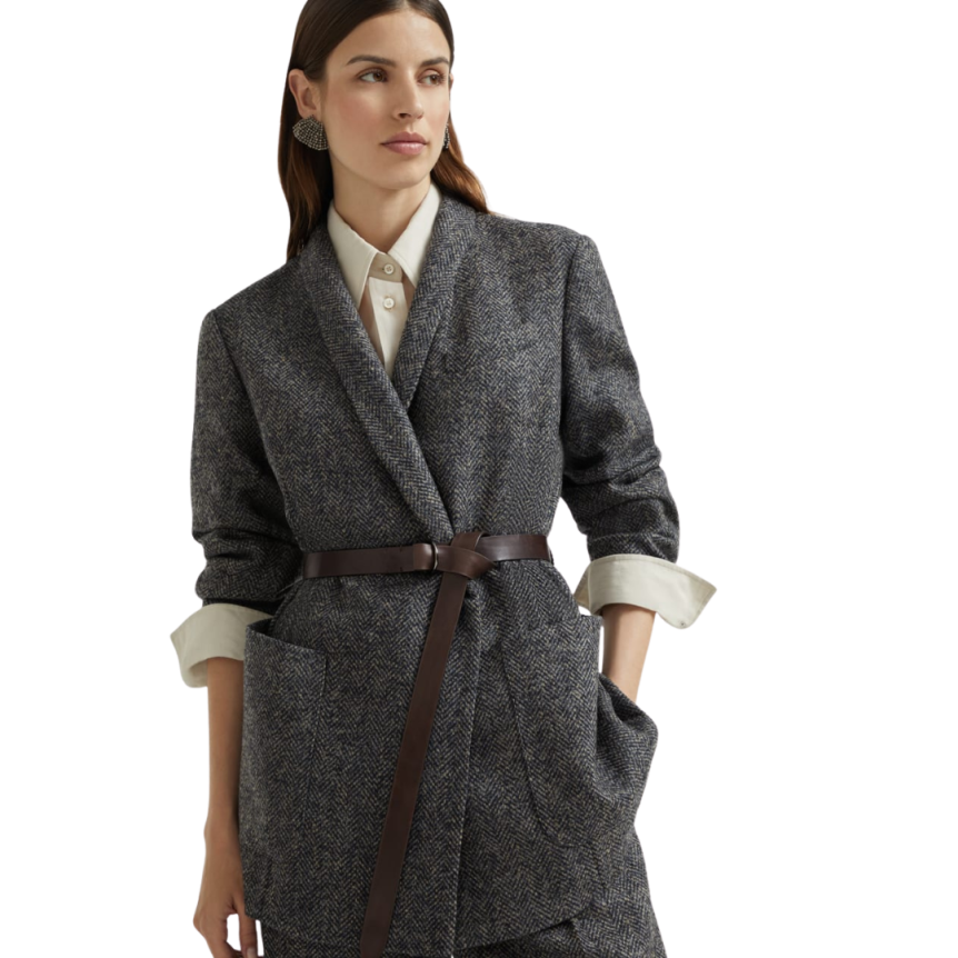 Veste à chevrons BRUNELLO CUCINELLI tweed laine vierge gris bleu ceinture cuir Monile