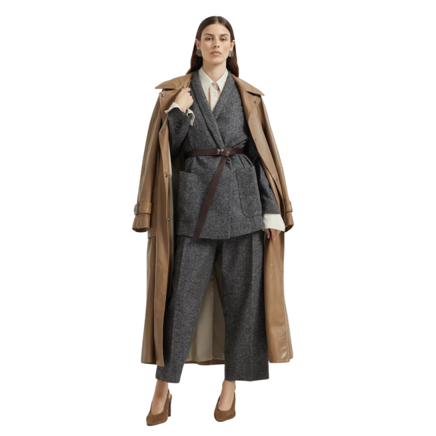 Veste à chevrons BRUNELLO CUCINELLI tweed laine vierge gris bleu ceinture cuir Monile