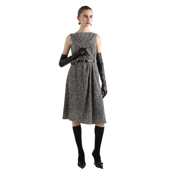 Robe de cocktail BRUNELLO CUCINELLI sans manche crêpe épais imprimé chevrons noir blanc