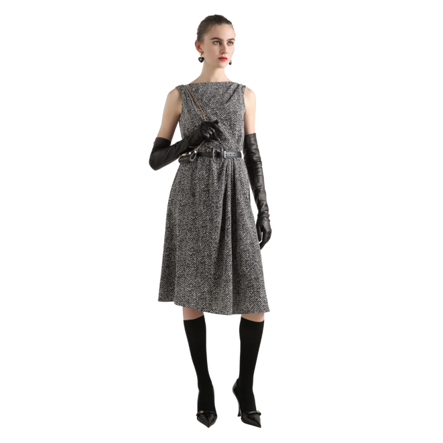 Robe de cocktail BRUNELLO CUCINELLI sans manche crêpe épais imprimé chevrons noir blanc