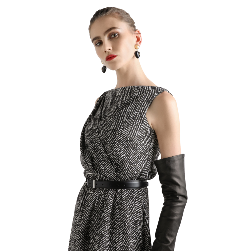 Robe de cocktail BRUNELLO CUCINELLI sans manche crêpe épais imprimé chevrons noir blanc