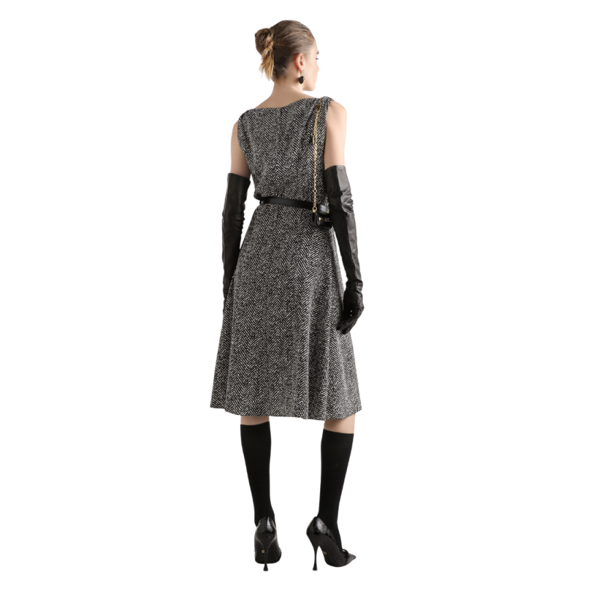 Robe de cocktail BRUNELLO CUCINELLI sans manche crêpe épais imprimé chevrons noir blanc