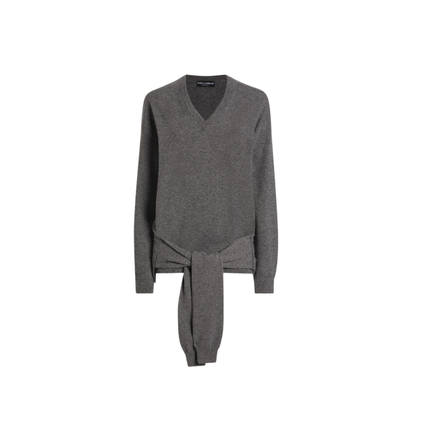 Pullover DOLCE & GABBANA col V cachemire gris manche à nouer