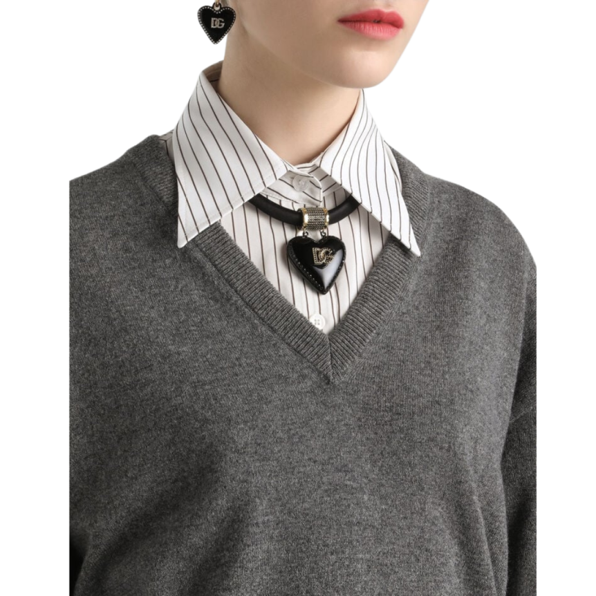Pullover DOLCE & GABBANA col V cachemire gris manche à nouer