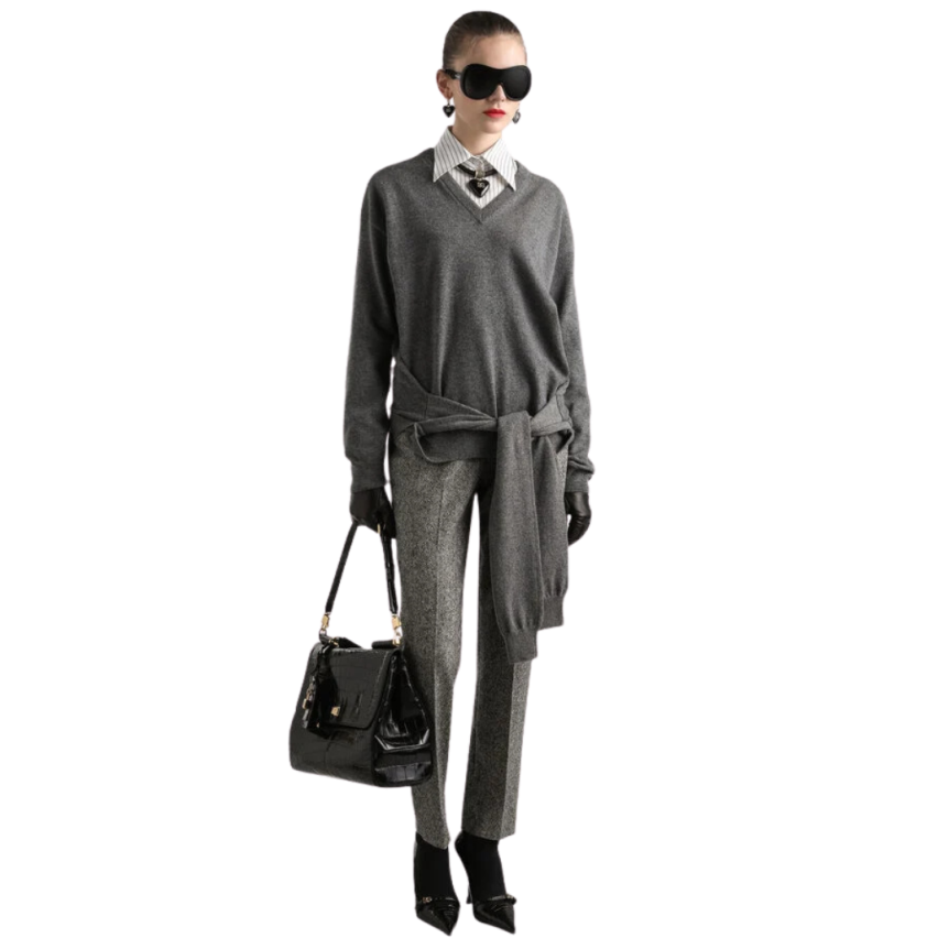 Pullover DOLCE & GABBANA col V cachemire gris manche à nouer