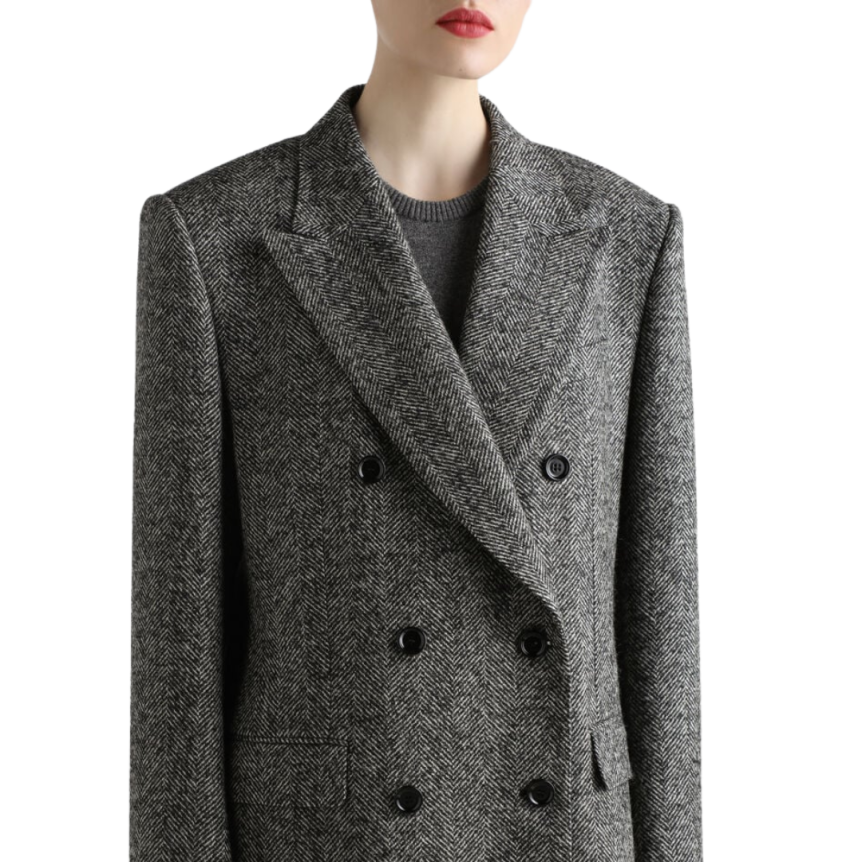 Veste croisée DOLCE & GABBANA tweed laine mélangée  chevrons noir blanc