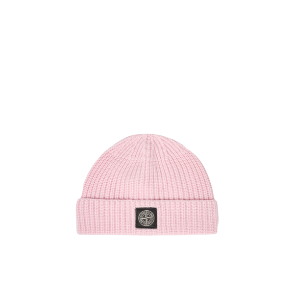 Bonnet STONE ISLAND laine vierge rose pale revers côtelé écusson Compass