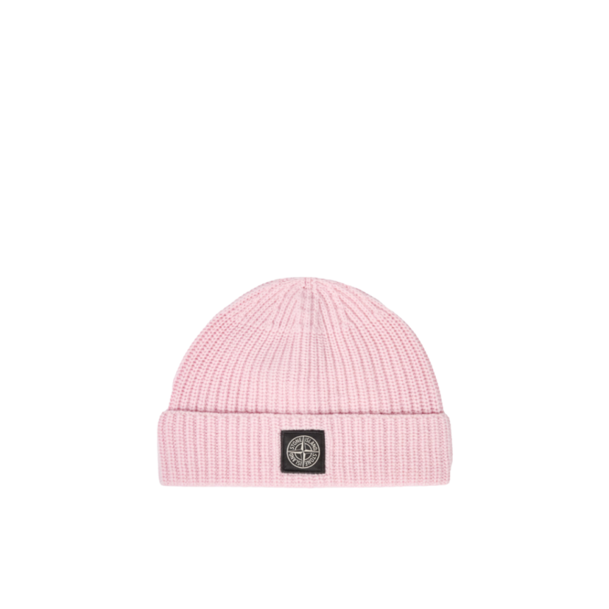 Bonnet STONE ISLAND laine vierge rose pale revers côtelé écusson Compass
