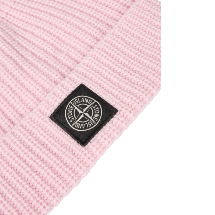 Bonnet STONE ISLAND laine vierge rose pale revers côtelé écusson Compass