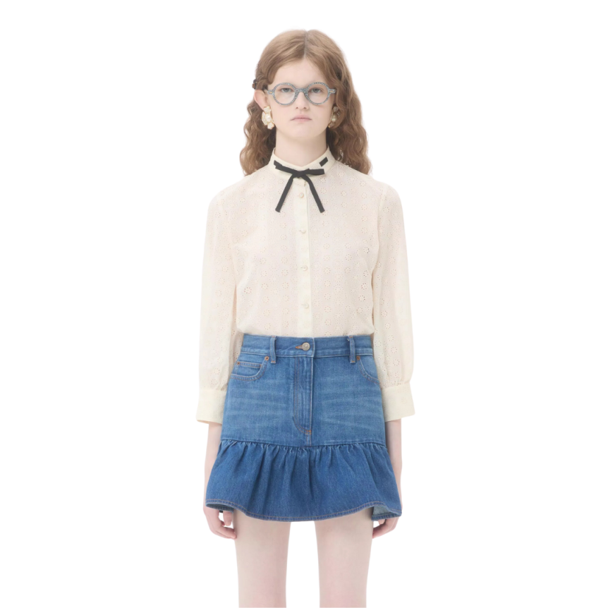 Chemise à pois VALENTINO Sangallo Daisy coton mélangée écru bouton nacre