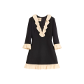 Robe courte col V crêpe couture laine soie noir volant écru