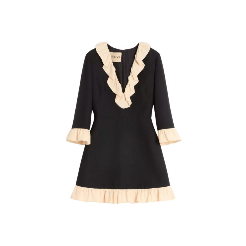 VALENTINO Robe courte col V crêpe couture laine soie noir volant écru
