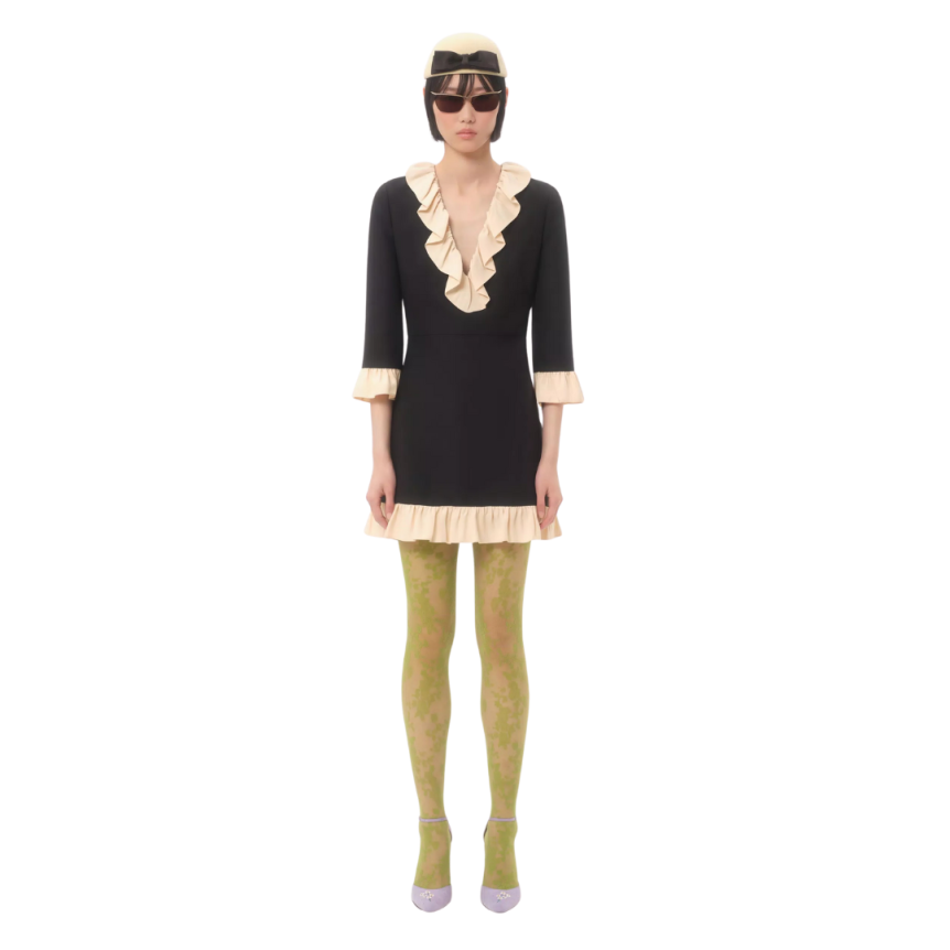 VALENTINO Robe courte col V crêpe couture laine soie noir volant écru