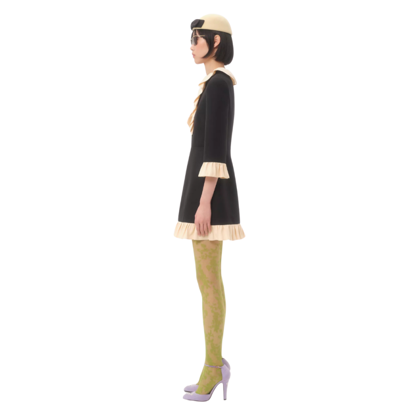 VALENTINO Robe courte col V crêpe couture laine soie noir volant écru