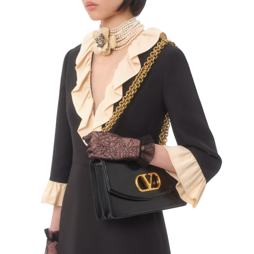 VALENTINO Robe courte col V crêpe couture laine soie noir volant écru