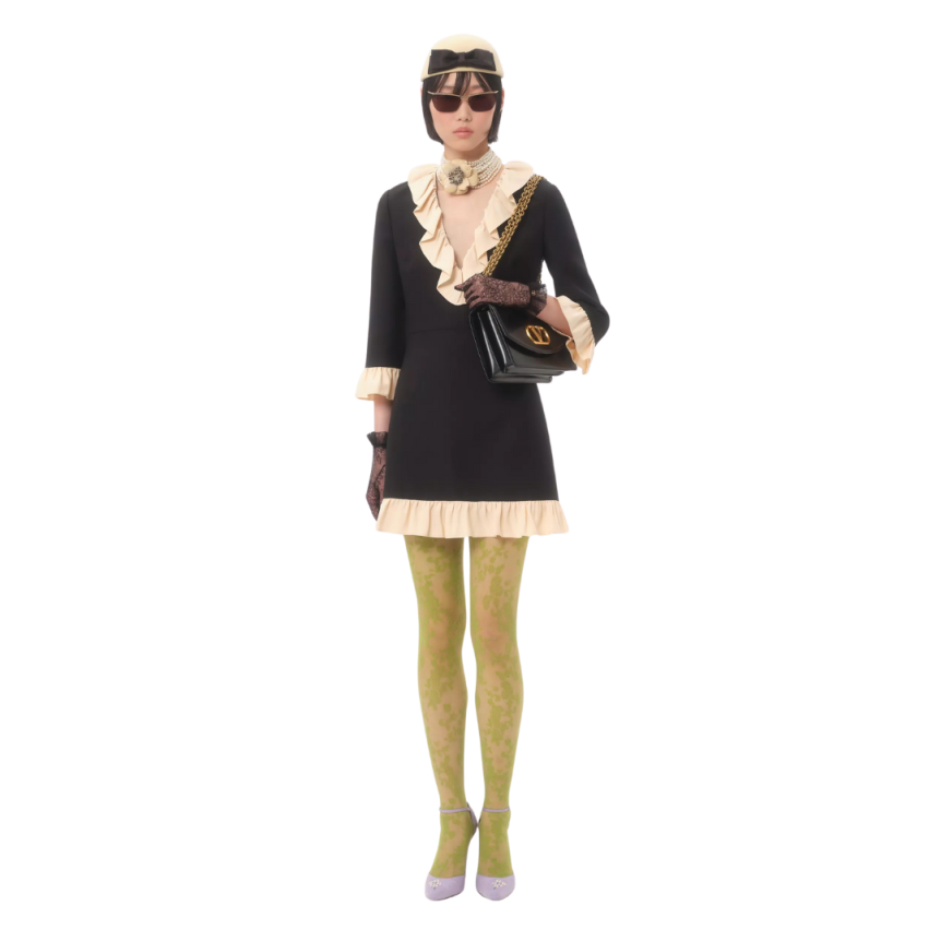 VALENTINO Robe courte col V crêpe couture laine soie noir volant écru