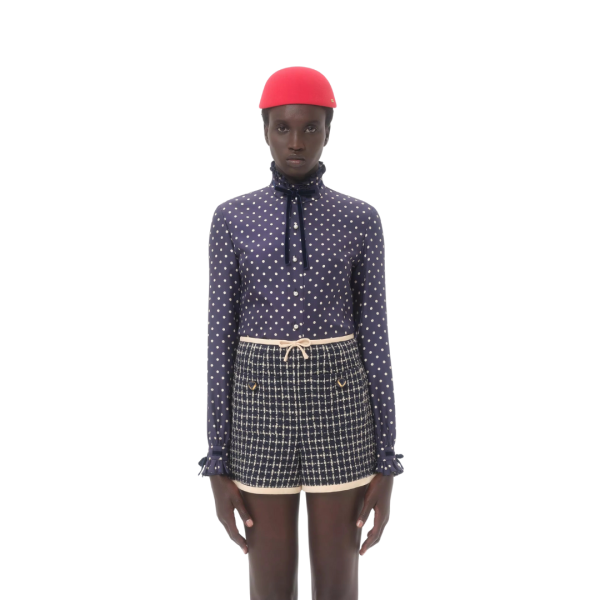 Chemise VALENTINO sergé soie bleu marine imprimé Plus De Pois écru nœud velours