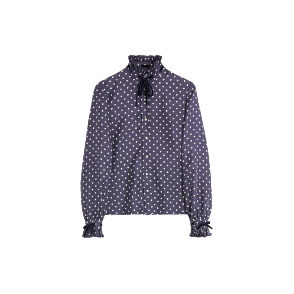 Chemise VALENTINO sergé soie bleu marine imprimé Plus De Pois écru nœud velours