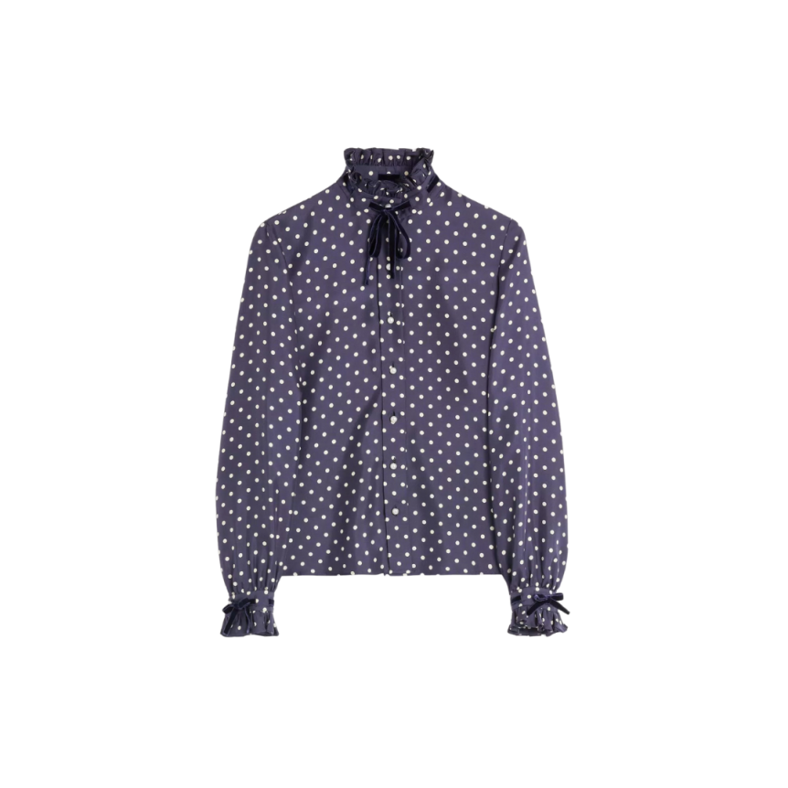 Chemise VALENTINO sergé soie bleu marine imprimé Plus De Pois écru nœud velours