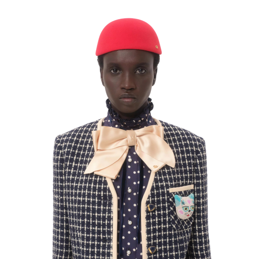 Chemise VALENTINO sergé soie bleu marine imprimé Plus De Pois écru nœud velours