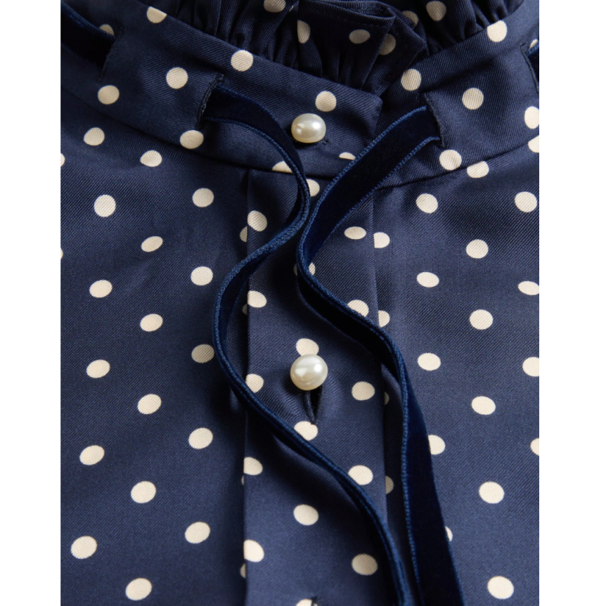 Chemise VALENTINO sergé soie bleu marine imprimé Plus De Pois écru nœud velours