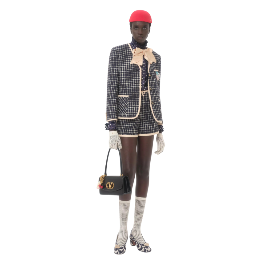 Chemise VALENTINO sergé soie bleu marine imprimé Plus De Pois écru nœud velours